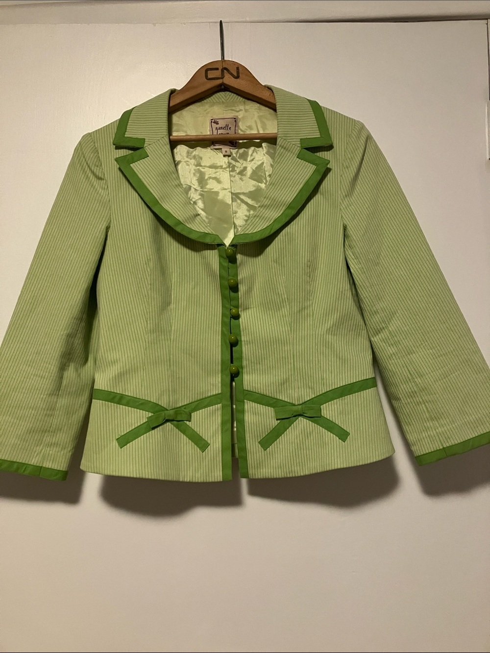 Vintage Nanette Lepore Light Green Pinstripe Preppy Blazer with Contrast Trim
